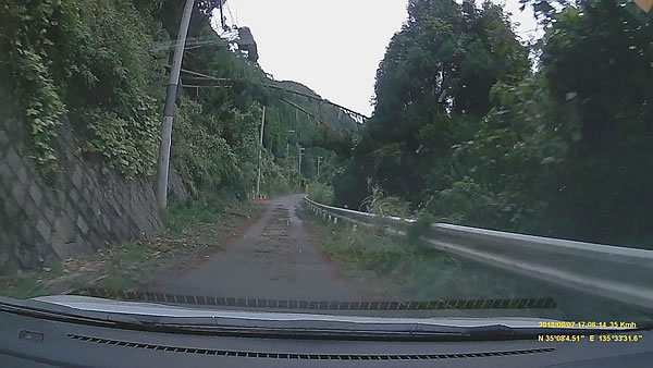 日吉ダムあたりで倒木が電線に寄りかかっているところ危険だ